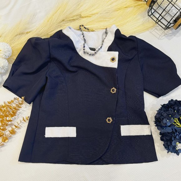 NAVY AND WHITE SHORT SLEEVE BLAZER - Picture 1 of 2
